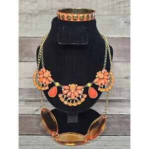 3 Piece Bundle Coral Red Orange Yellow Statement Bib Necklace Bangle Bracelet